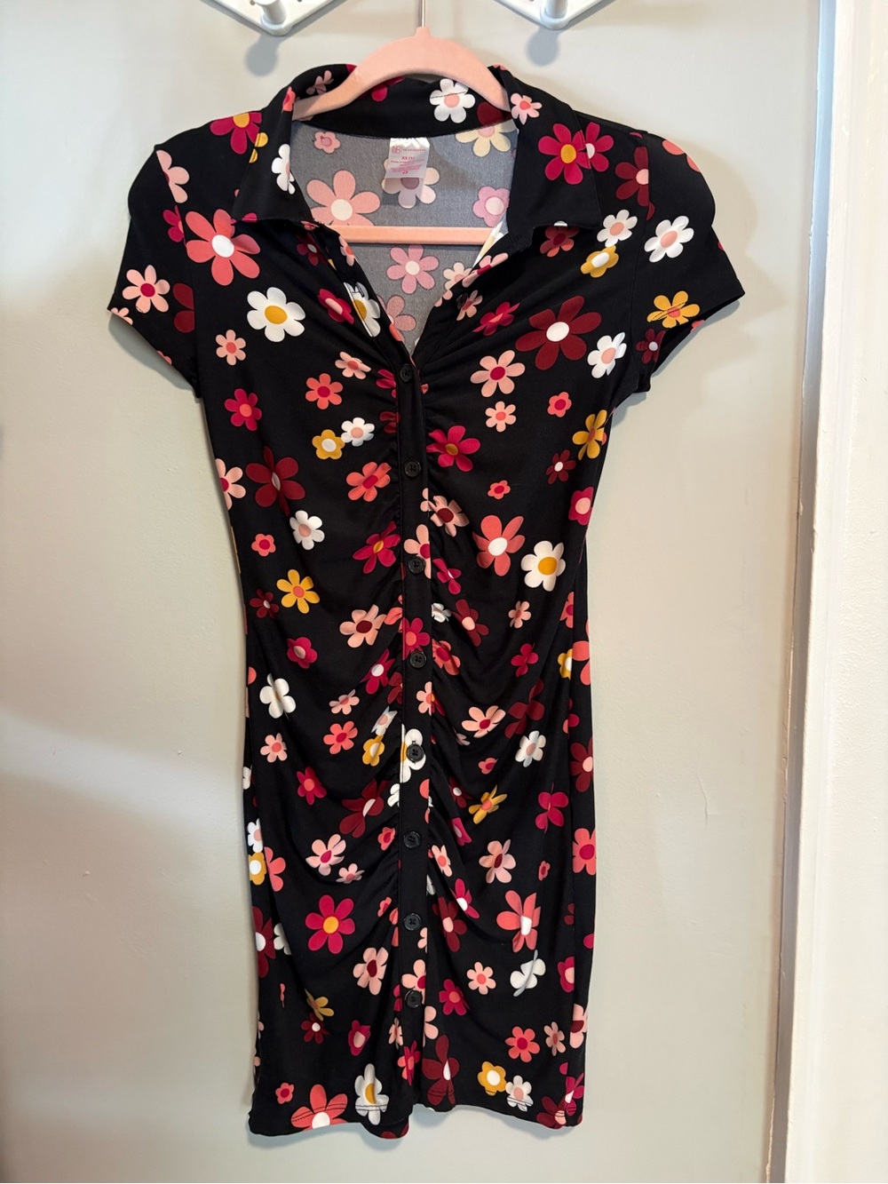 No Boundaries Black Floral Ruched Collared Mini Dress